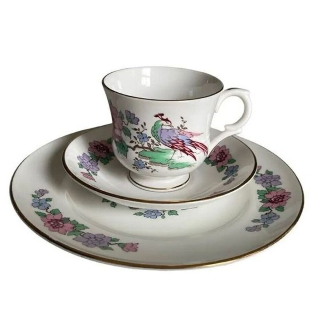 Staffordshire Cathay Fine‎ Bone China Tea Cup Saucer Plate Trio Peacock Vintage